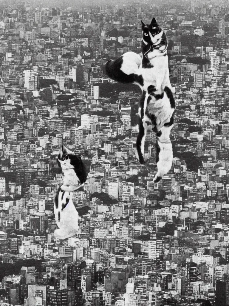 Prompt: full - color 1 9 6 0 s photo of an enormous cute calico - cat as a kaiju climbing up tokyo tower, in minato ward. in the style of a toho movie ; highly - detailed ; cinematic.