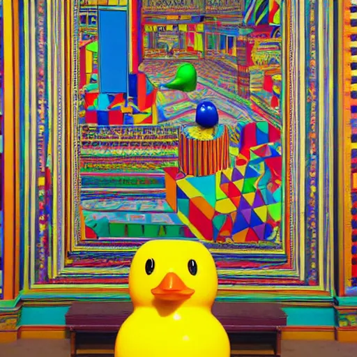 Image similar to wide shot, one photorealistic rubber duck in foreground on a pedestal in an museum gallery, british museum, the walls are covered with colorful geometric wall paintings in the style of sol lewitt, tall arched stone doorways, through the doorways are more wall paintings in the style of sol lewitt.