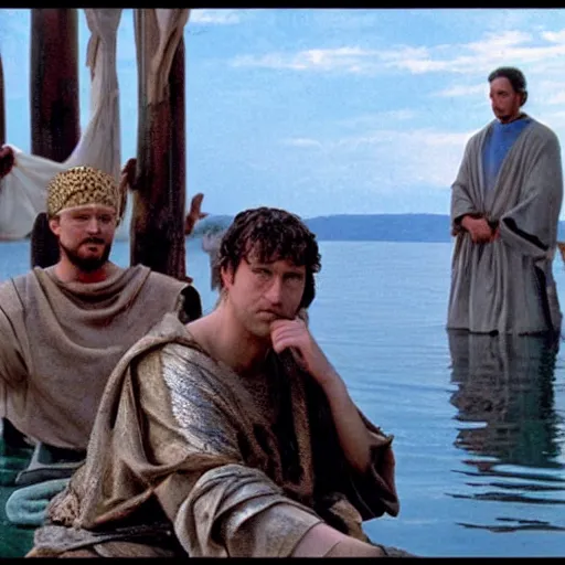 Prompt: Cinematic still of Stunned Men in 1st century clothing standing on a boat, looking in shock at the calm water, miraculous, spiritual, divine, Biblical epic directed by Ang Lee