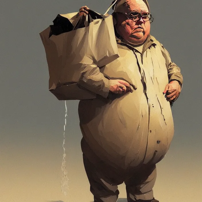 Prompt: melted old fat man portrait with a paper bag over the head, in paper bag clothing, holding a stack of paper bags, highly detailed, artstation, art by ian mcque, ilya kuvshinov, zdislav beksinski, wayne barlowe, edward hopper