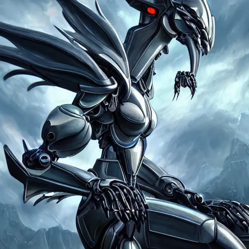 Image similar to a highly detailed close-up, of an awe-inspiring beautiful majestic anthropomorphic humanoid robotic mecha female dragon, with smooth and streamlined armor, standing and posing elegantly in front of the camera, well detailed head with epic LED eyes, sharp and dangerous sleek design, two arms, two legs, long tail, digital art, artstation, DeviantArt, professional, octane render, sunset lighting