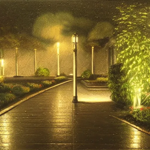 Prompt: rain in a garden at night