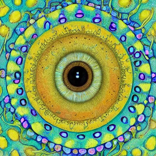 Image similar to A beautiful mixed mediart a large eye that is looking directly at the viewer. The eye is composed of a myriad of colors and patterns, and it is surrounded by smaller eyes. The smaller eyes appear to be in a state of hypnosis, and they are looking in different directions. lawn green by James C. Christensen casual, sad