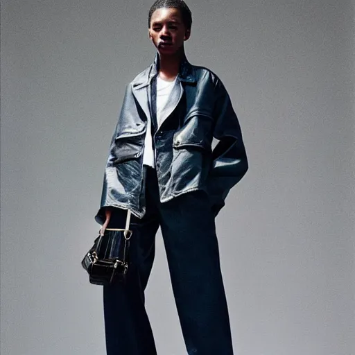 Image similar to realistic photoshooting for a new balenciaga lookbook, color film photography, portrait of a beautiful woman, model is wearing a workwear jacket, photo in style of tyler mitchell, 3 5 mm,