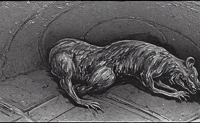 Prompt: very large giant mutant zombie rat with cancer in tonnel of moscow metro. extreme high detail. low dark light, scary atmosphere. 1 9 7 0