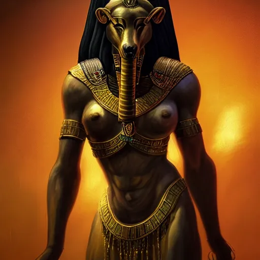 Image similar to majestic gracious regal female anubis warrior portrait, ancient egypt, atmospheric lighting, painted, menacing, intricate, volumetric lighting, beautiful, rich deep colours masterpiece, golden hour, sharp focus, ultra detailed, by leesha hannigan, ross tran, thierry doizon, kai carpenter, ignacio fernandez rios