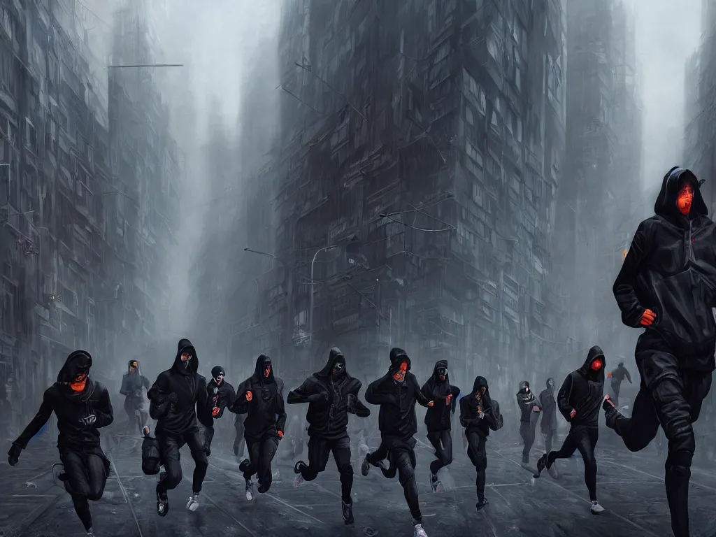 Image similar to a hyperrealistic matte painting of a group of rebellious hackers, clothed in techwear, running through the streets of a dystopian city, matte painting, intricate detail, polished, concept art, trending on artstation