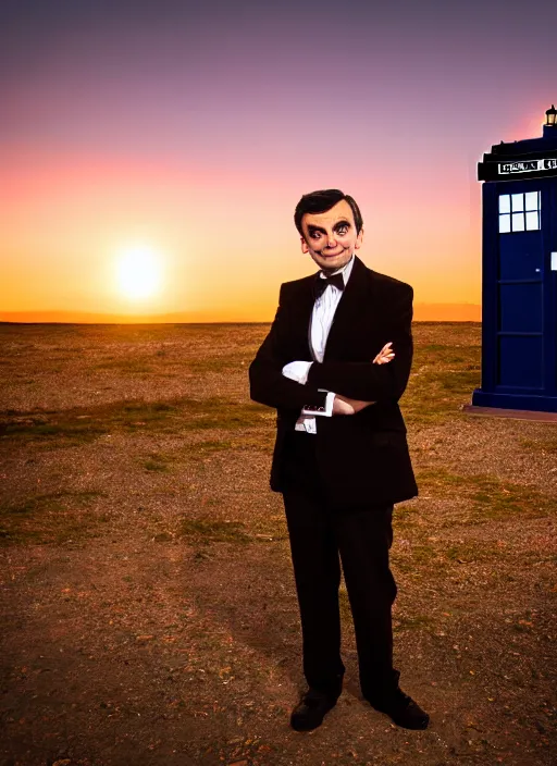 Image similar to dslr photo portrait still of mr bean as doctor who in front of the tardis at sunset, 8 k, 8 5 mm f 1. 4