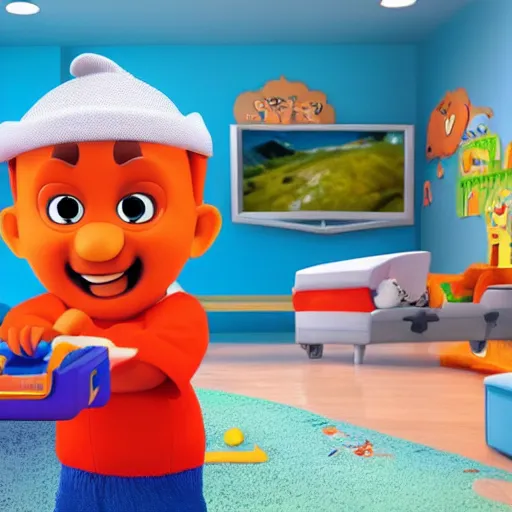 Image similar to baby watching blippi on tv, photorealistic, 8 k