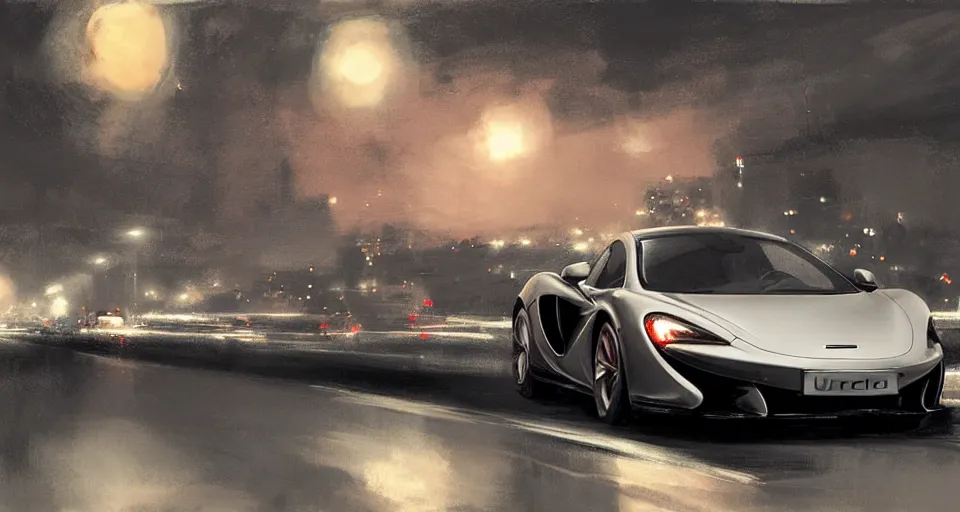 Image similar to mclaren in highway, night, digital art,ultra realistic,ultra detailed, ultra wide Lens, art by greg rutkowski