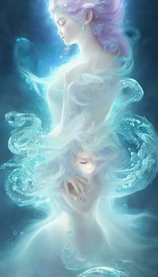 Image similar to portrait of magical ghost triton, ethereal , cloudy, transparant, gradient white cyan, dreamy and ethereal, (colour) eyes, peaceful expression, ornate frilly dress, fantasy, intricate, elegant, rainbow bubbles, highly detailed, digital painting, artstation, concept art, smooth,b sharp focus, illustration, art by artgerm and greg rutkowski and alphonse mucha