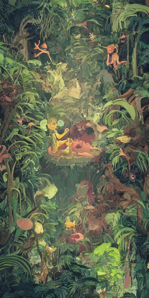 Prompt: a group of explorers with cute mythical creatures in the overgrown jungle in a large alien cave, surreal photography zzz, dramatic light, cinematic composition, by victo ngai by james jean, by rossdraws, frank franzzeta, mcbess