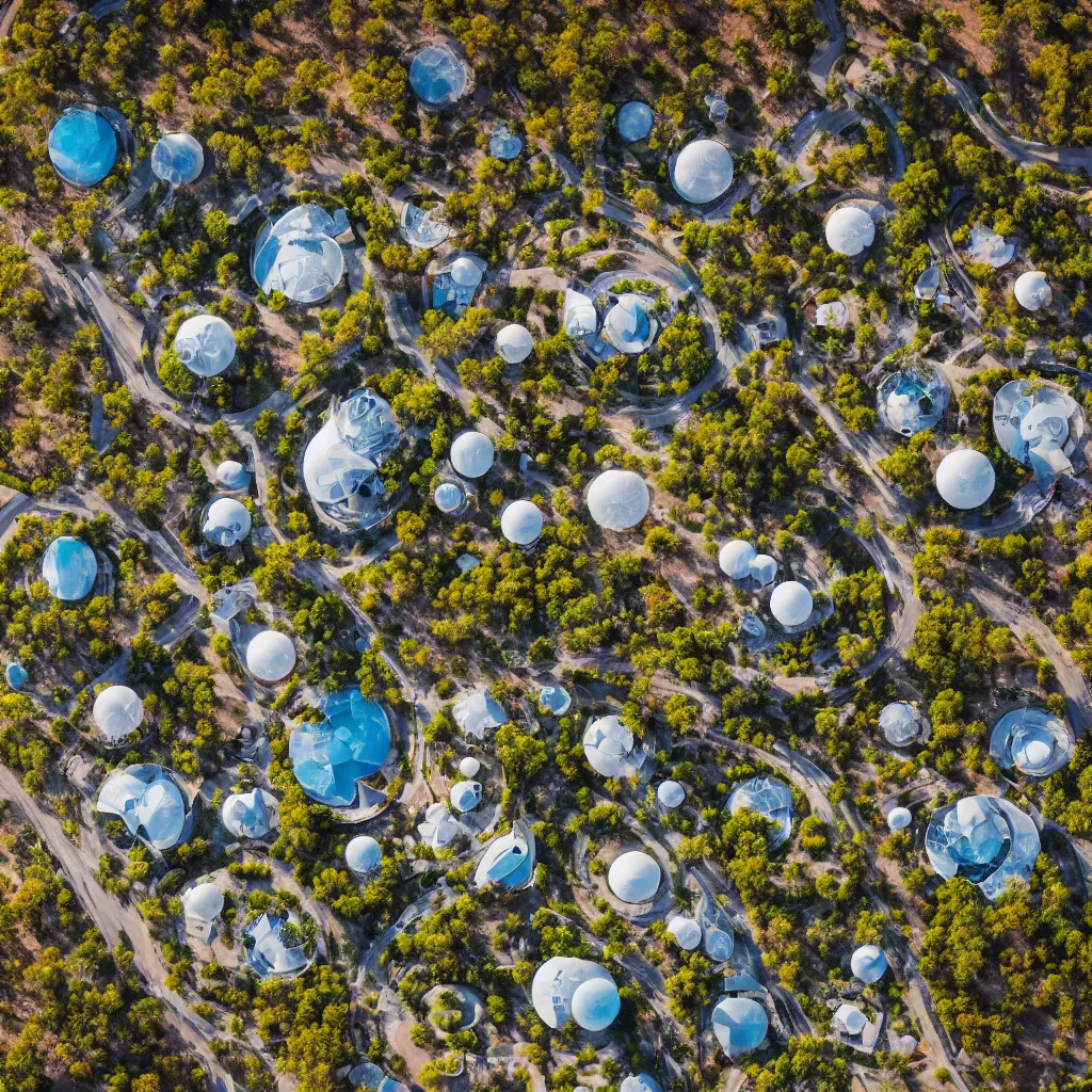 Image similar to aerial view of beautiful and artistic futuristic commune in the australian outback, parks, recreation, village, high technology, biomimetic, urban planning, XF IQ4, 150MP, 50mm, F1.4, ISO 200, 1/160s, natural light