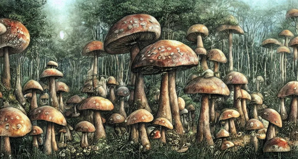 Prompt: A tribal village in a forest of giant mushrooms, by Luis Royo,