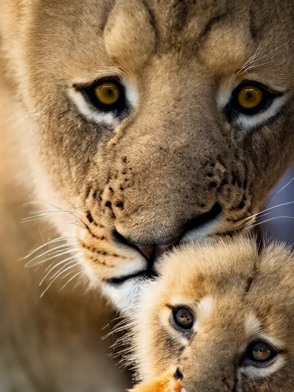 Prompt: 4K HD, high detail photograph, shot with Sigma f/ 4.2 , 250 mm sharp lens, shallow depth of field : (subject= jumping baby lion and a baby duck + subject detail= accurate body features, consistent, high detailed light refraction , high level texture render)