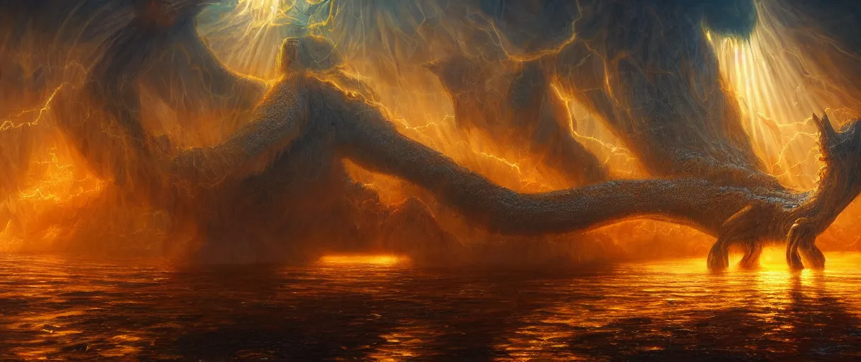 Image similar to A terrifying giant monster made of honey, beautiful atmosphere, god rays, masterpiece digital painting by Alex Grey, Greg Rutkowski, 4k wallpaper