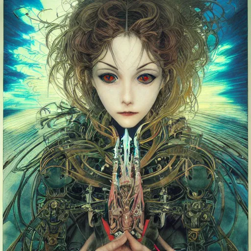 Prompt: a female robot artist drawing with a paintbrush onto a canvas, anime art, anime key visual by Ayami Kojima, Amano, Karol Bak, Greg Hildebrandt, and Mark Brooks, Neo-Gothic, gothic, rich deep colors. art by Takato Yamamoto. masterpiece. Beksinski painting. still from 1993 movie by Terrence Malick and Gaspar Noe