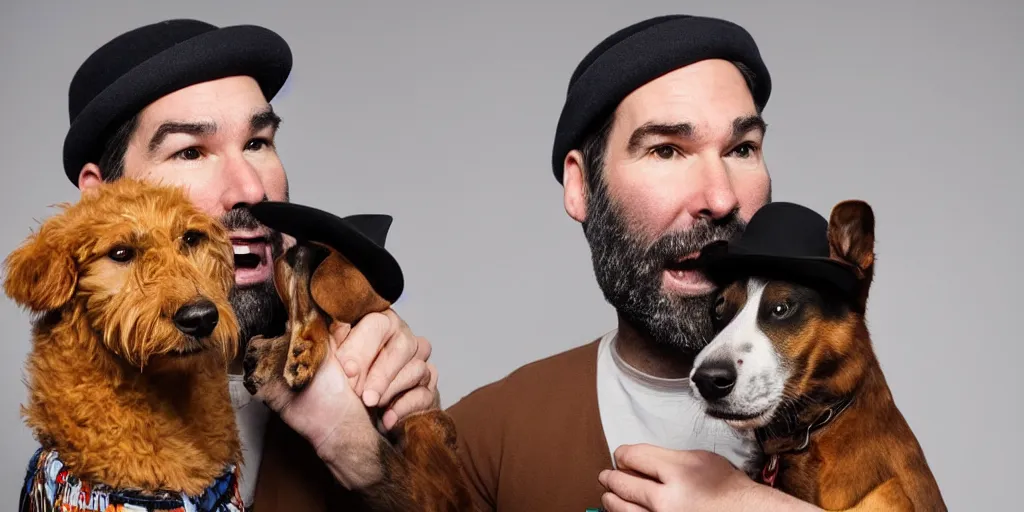 Prompt: adam buxton in a studio interviewing a dog, dog talking, clever dog in hat, interesting expressions, minimal, photorealistic