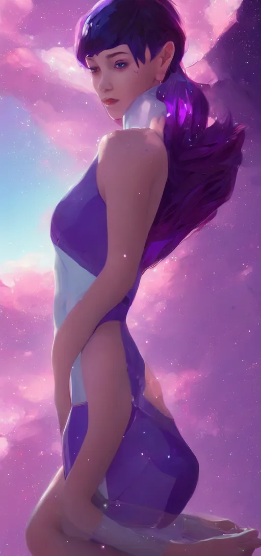 Image similar to beautiful woman floating in space peacefully, crystallized bodysuit, pinks blue an purples, extra long hair, full body, wojtek fus, by Makoto Shinkai and Ilya Kuvshinov,