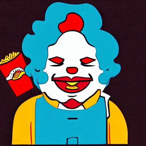 Image similar to communist ronald mcdonald with a crying taco, evil, scary, year 2550