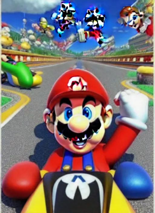 Image similar to mario kart, dragon quest, hyperrealism, intricate detailed