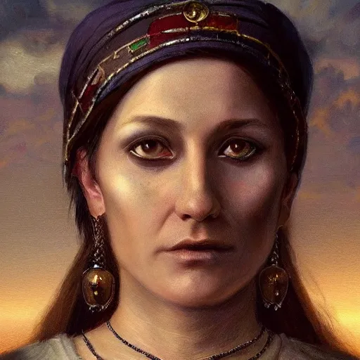 Prompt: renaissance italian fortune teller, armitage, closeup portrait, sunset, gorgeous view, depth, painted by seb mckinnon, high detail, digital art, painted by greg rutkowski, trending on artstation