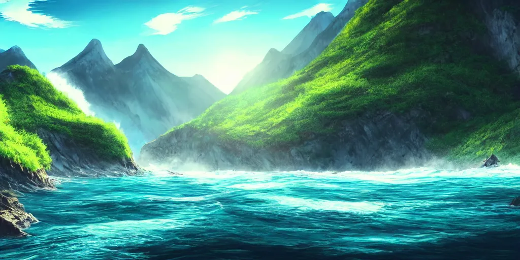 Image similar to concept art, beautiful nature, sunny day, sunshine lighting high mountains, which are higher than white fluffy clouds with green trees on top, a small wooden bridge connecting two mountains, ocean beneath the mountains with clear blue water, whales showing from the waves, cinematic, 8k, highly detailed