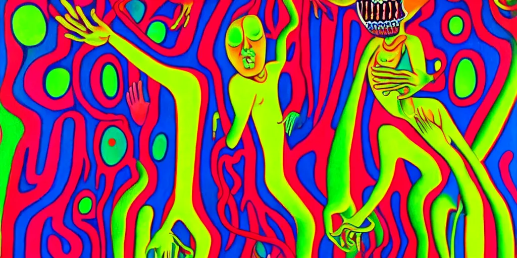 Image similar to a man being overcome by love, psychedelic dripping colors, detailed painting by painting by man ray and pablo amaringo david normal alex grey yayoi kusama