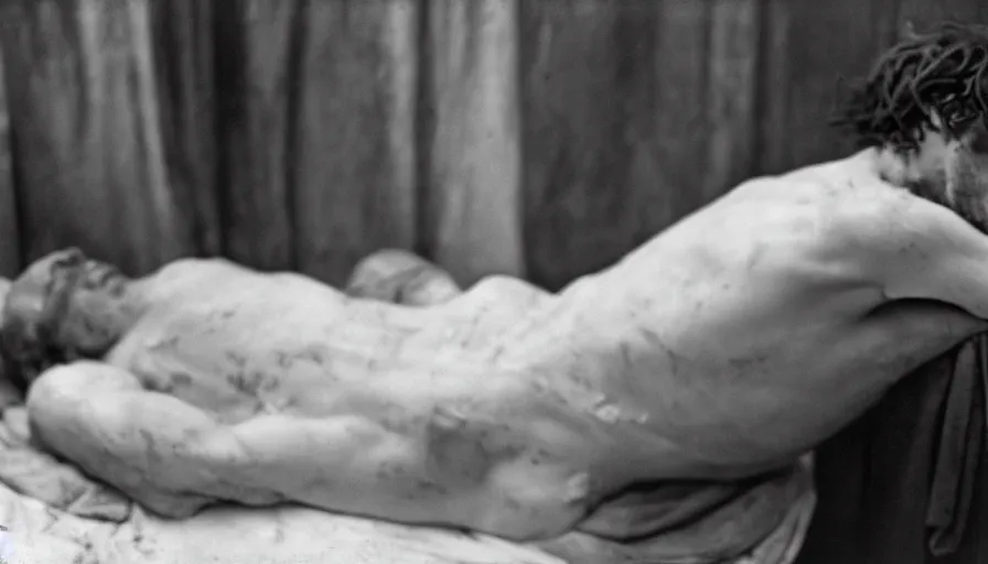 Prompt: movie still of jean - paul marat a wound at the chest, bleeding in the bath, cinestill 8 0 0 t 3 5 mm, high quality, heavy grain, high detail, cinematic composition, dramatic light, anamorphic, ultra wide lens, hyperrealistic, by josef sudek