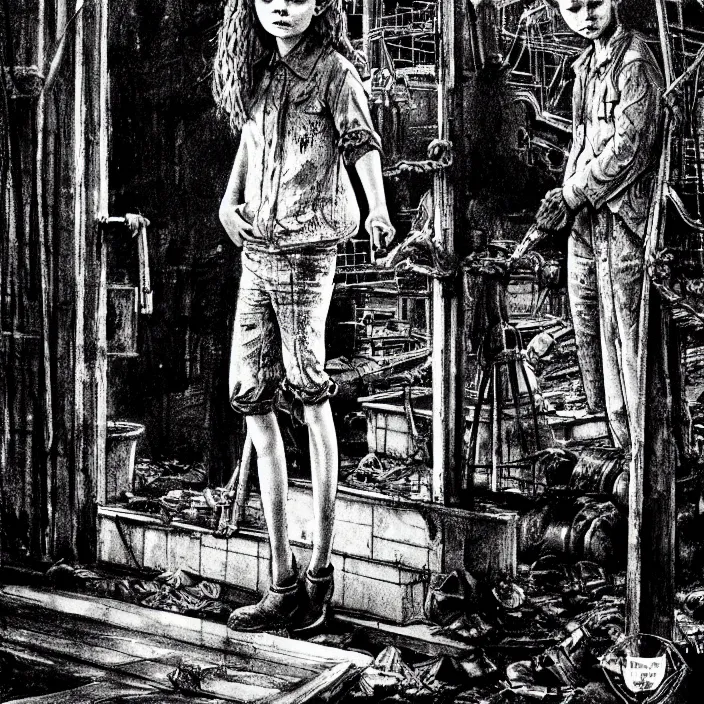 Image similar to sadie sink in dirty work clothes waves goodbye to workmen. background : factory, dirty, polluted. technique : black and white pencil and ink. by gabriel hardman, joe alves, chris bonura. cinematic atmosphere, detailed and intricate, perfect anatomy