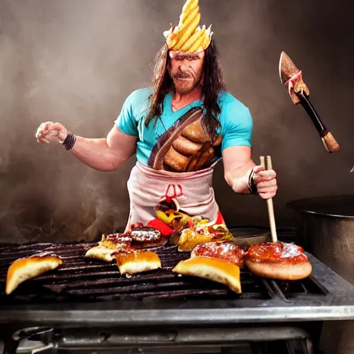 Image similar to candidato photo of conan the barbarian flipping burger on a barbecue. he is wearing an apron with unicorn drawing, and a tutu. photographed by annie leibovitz
