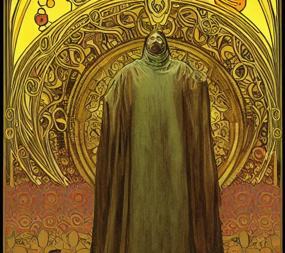 Image similar to Hastur the ancient king in yellow (last king of the lost city of Carcosa), art nouveau portrait, by alphonse mucha, Adolfo Hohenstein, Stanley Artgerm Lau, greg rutkowski, thomas kindkade, loish