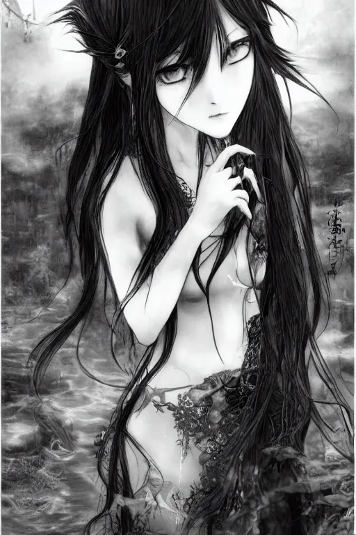 Image similar to a portrait of a character in a scenic environment by Yoshitaka Amano, black and white, dreamy, dark eyes, wavy long black hair, highly detailed