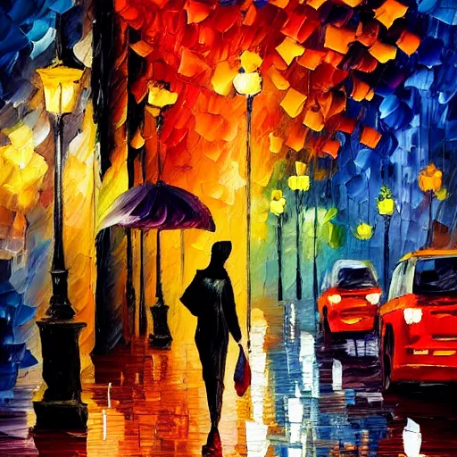 Prompt: impasto acrylic painting of a woman in a serene san francisco streetscape at night. inspired by leonid afremov, artstation, art - deco, cinematic lighting