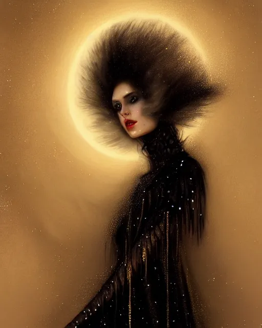 Image similar to Nocturne, glowing, stars, a portrait of a beautiful female shadow djinn creature with long fur collar, highly detailed, mysterious, ethereal, dressed in velvet and gold jewelry, haute couture, illustration, dramatic lighting, soft details, painting, by Edmund Blair Leighton, Brom, Charlie Bowater, trending on artstation, faces by Tom Bagshaw, otto schmidt