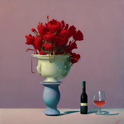 Image similar to an achingly beautiful still life featuring blooming flowers, tillamook cheese, and red wine , very coherent, painted by Edward Hopper, Wayne Barlowe, painted by James Gilleard, airbrush, art by JamesJean