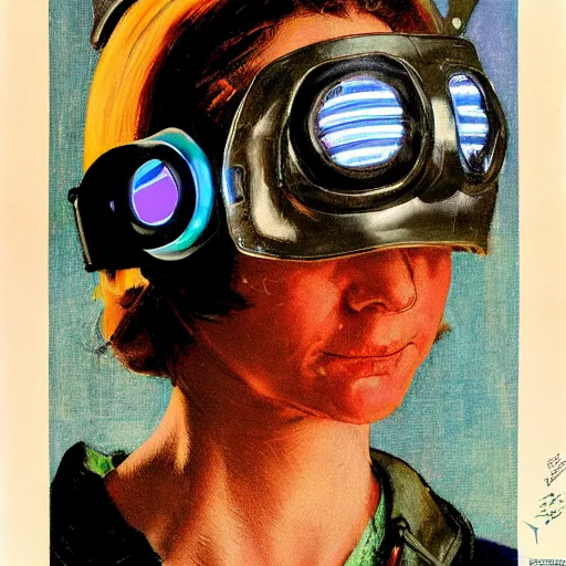 Image similar to portrait of a cyberpunk woman with helmet and glowing goggles, by norman rockwell