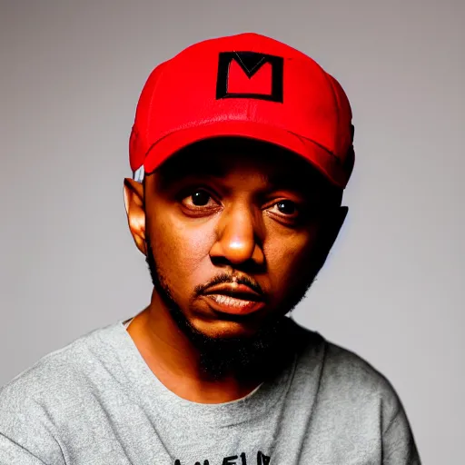 Image similar to kendrick lamar wearing mario hat, red hat with white circle and red m, studio lighting