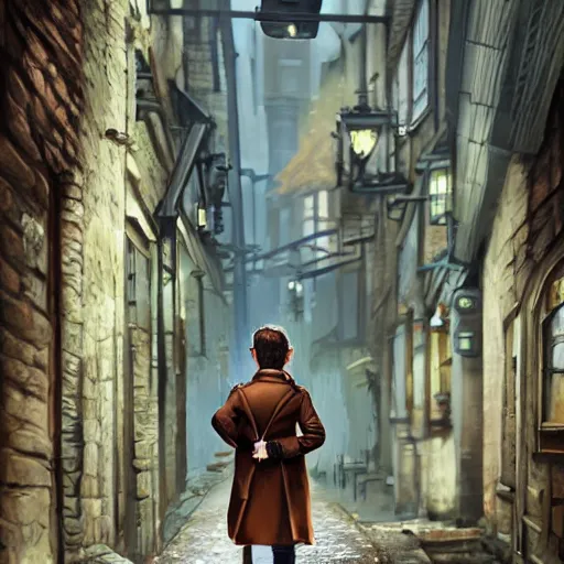 Image similar to brown haired halfling private investigator walking down a Victorian rainy alley in a trenchcoat , artstation, detailed, hyper realistic, 8k, digital art, cinematic