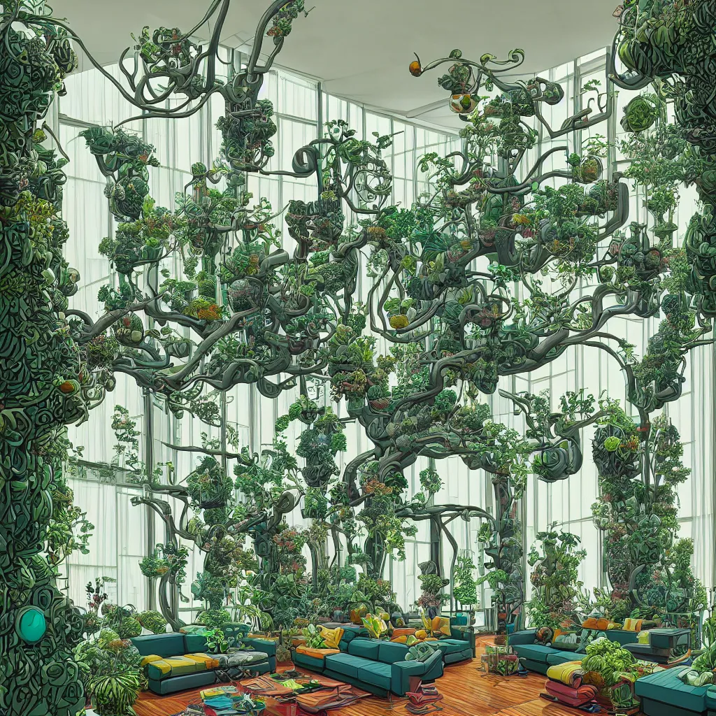 Image similar to luxury living room full of plants and trees by josan gonzalez