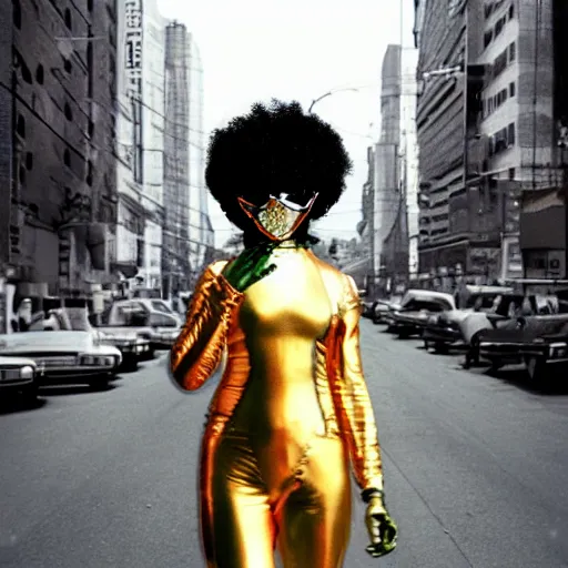 Prompt: afrofuturist woman in a crowded street wearing gold jewelry and a mask that covers the whole face, simple, cyberpunk, far shot, full body shot, 1970s X-Men art style
