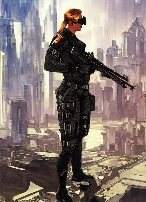 Image similar to Maria. USN female special forces operator looking at city skyline. Agent wearing Futuristic stealth suit. rb6s Concept art by James Gurney, Alphonso Mucha.