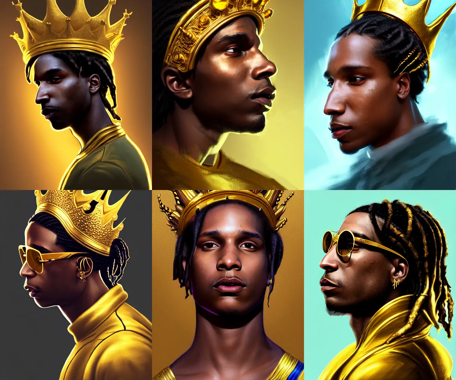 Prompt: side portrait of asap rocky with a golden crown, gold glasses light iridescent color, fantasy, intricate, sharp focus, lens flare, bloom, rim light, illustration, highly detailed, digital painting, concept art, matte, art by ruan jia