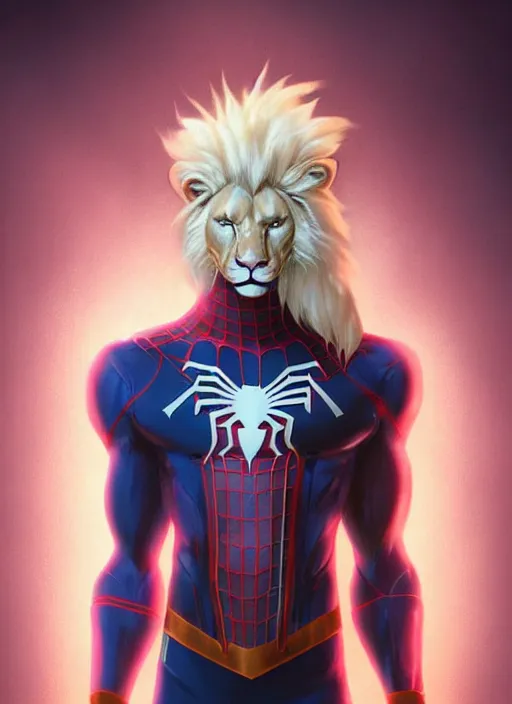 Image similar to aesthetic portrait commission of a of a male fully furry muscular anthro albino lion wearing an attractive sci-fi cybperpunk Spiderman suit with a tail and a beautiful attractive hyperdetailed face at golden hour. Character design by charlie bowater, ross tran, artgerm, and makoto shinkai, detailed, inked, western comic book art, 2021 award winning film poster painting