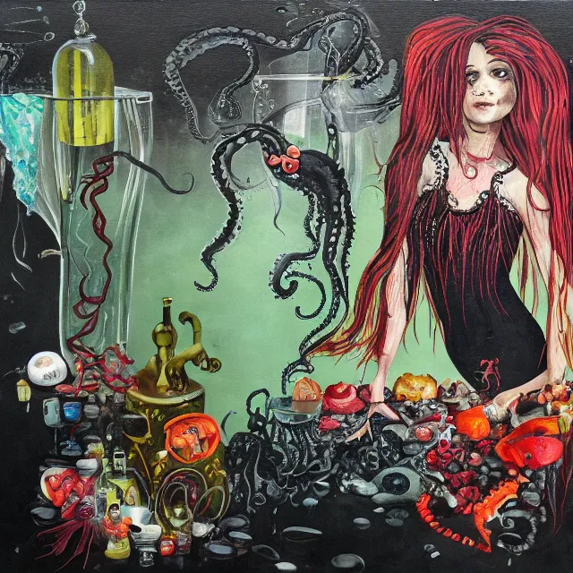 Prompt: a dark apartment with black walls, portrait of a mermaid holding an octopus, berries dripping juice, pomegranate, jellyfish, seaweed, berries, trash, starfish, coral, rocks, seaweed, empty pet bottles, scientific glassware, neo - expressionism, surrealism, acrylic and spray paint and oilstick on canvas