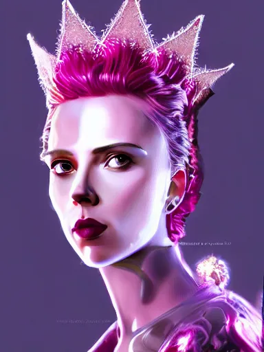 Image similar to pink portrait of beautiful female angel queen Scarlett Johansson head wearing shiny pink crown, subtle purple accents, hyper details, black metal rococo, sculpted by Alex Alice, Craig Mullins, yoji shinkawa, trending on artstation, beautifully lit, Peter mohrbacher, hyper detailed, insane details, intricate, elite, elegant, luxury, ray of light through smoke, CGsociety, hypermaximalist, golden ratio, volumetric, octane render, weta digital, micro details, 3d sculpture