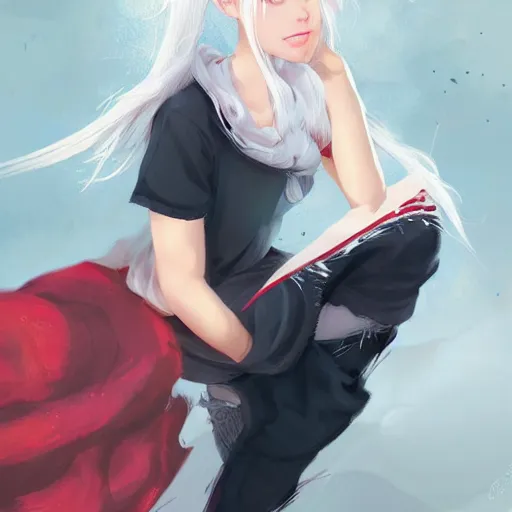 Image similar to portrait of a girl with white hair in a messy white hairbun. She is wearing a short black tshirt, jeans pants, a red scarf. magic atmosphere, digital art, character design. in the style of wlop, rossdraws, artstation trending