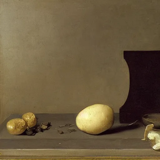 Image similar to vanitas painting of a solitaire potato contemplating it's life thus far, oil on cavnas by Pieter Claesz