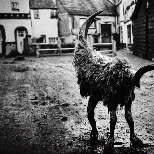 Image similar to horror, moody, still from film, daytime, muddy village square, wide shot, huge, roaring mutant goat monster, powerful, creeping along on ugly stumpy legs, filthy jagged teeth in unnaturally large mouth, matted dirty fur, in muddy medieval village square