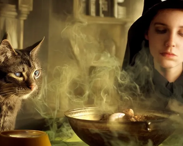 Image similar to close up portrait, dramatic lighting, concentration, calm confident teen witch and her cat mixing a spell in a cauldron, a little smoke fills the air, a witch hat and cape, a little green smoke is coming out of the cauldron, ingredients on the table, apothecary shelves in the background, still from harry potter